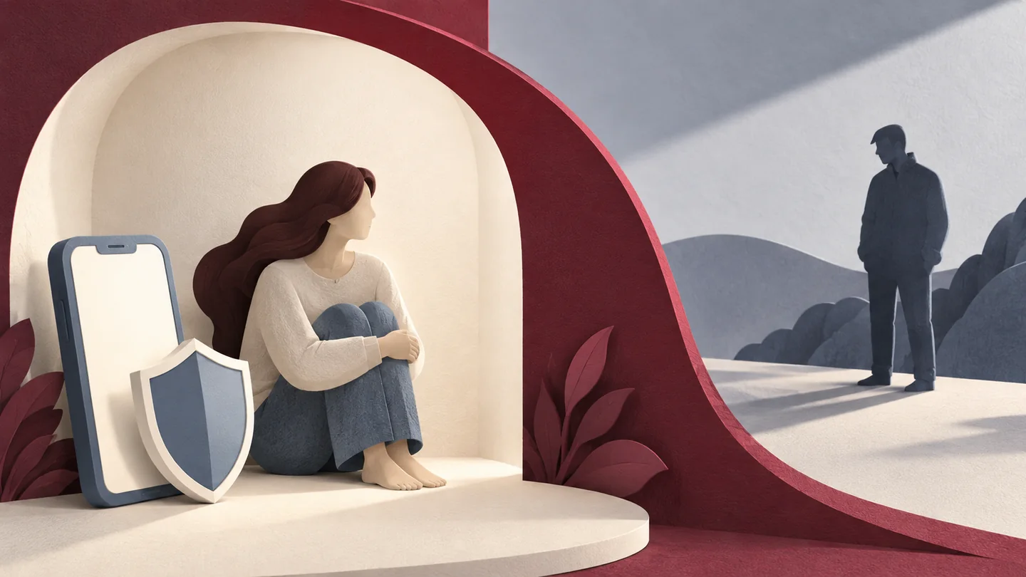 보호 경계 안의 인물과 휴대전화, 방패로 안전한 거리 확보를 표현한 삽화