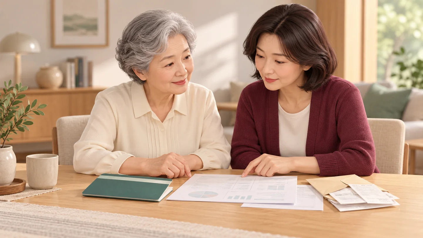 고령의 부모와 성인 자녀가 통장과 지출 서류를 함께 살펴보는 모습 — 주제를 설명하는 삽화