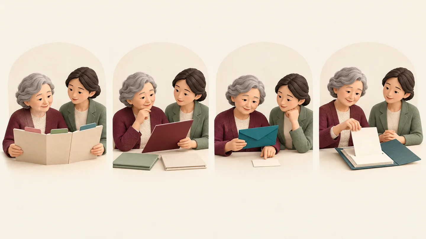 부모와 자녀가 서류를 살피며 필요한 도움을 정하는 네 장면 — 주제를 설명하는 삽화